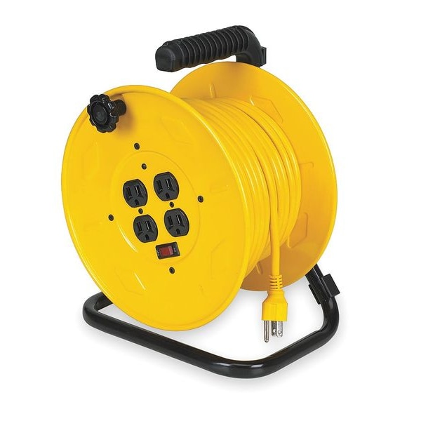 Carrete de Cable con Lámpara de Mano Lumapro, Operado a Mano, NEMA 5-15P, 14 AWG, Color del Carrete Amarillo, Longitud de 80 pies - 2YKR5