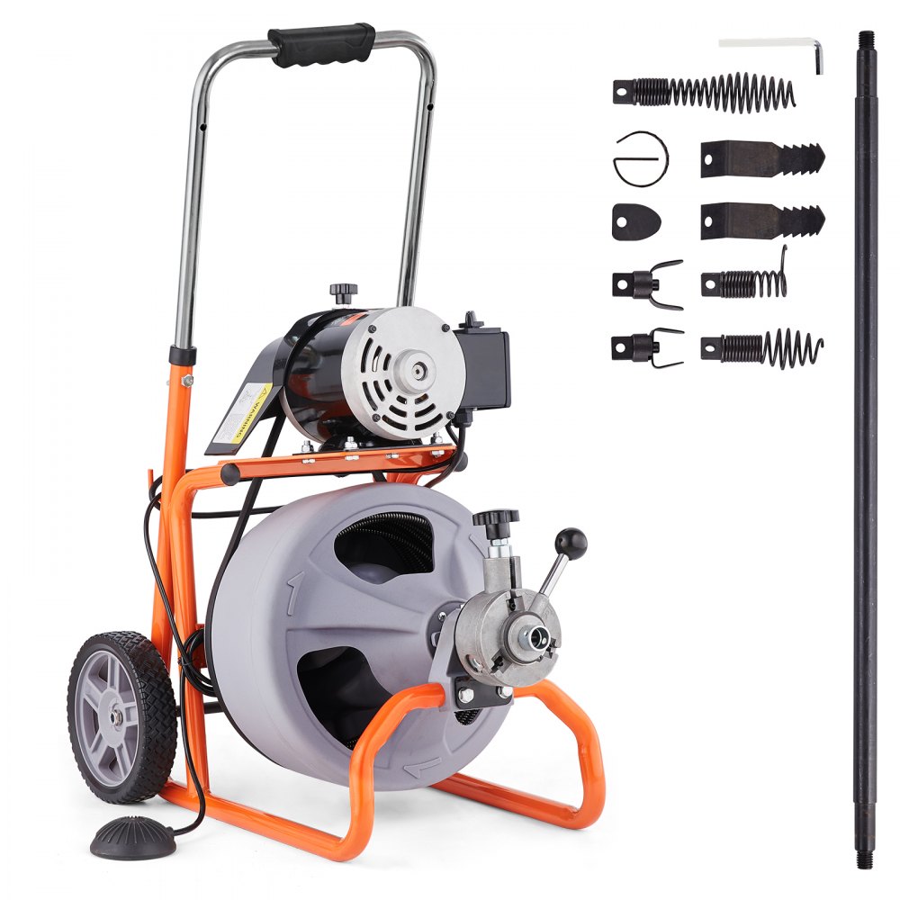 VEVOR Drain Cleaner Machine 100FT x 3/8 Inch Auto Feed with Wheels & 8 Cutters - ZDJJKLSGDSTJXUXC0V1