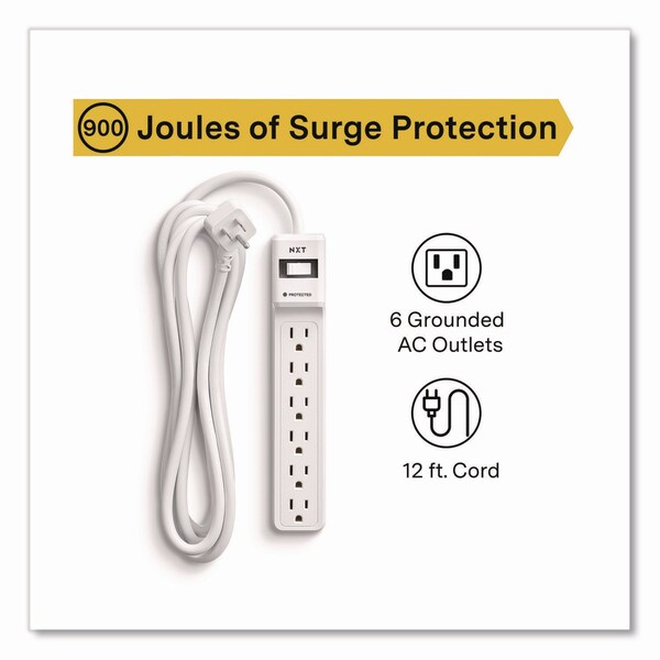 Protector de sobretensión Nxt Technologies, 6 tomas de corriente, cable de 12 pies, 900 J, blanco - NX61425