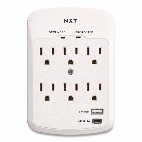 Protector de sobretensión Outlet de Nxt Technologies, 6 Salidas AC/2 Salidas USB, 900 J, Blanco - NX61427