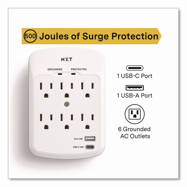Protector de sobretensión Outlet de Nxt Technologies, 6 Salidas AC/2 Salidas USB, 900 J, Blanco - NX61427