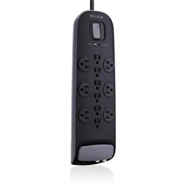 Protector de sobretensión de 8 pies con cable de alimentación N85785 de Fasttrack y 12 salidas con seguro coaxial Tel - Negro