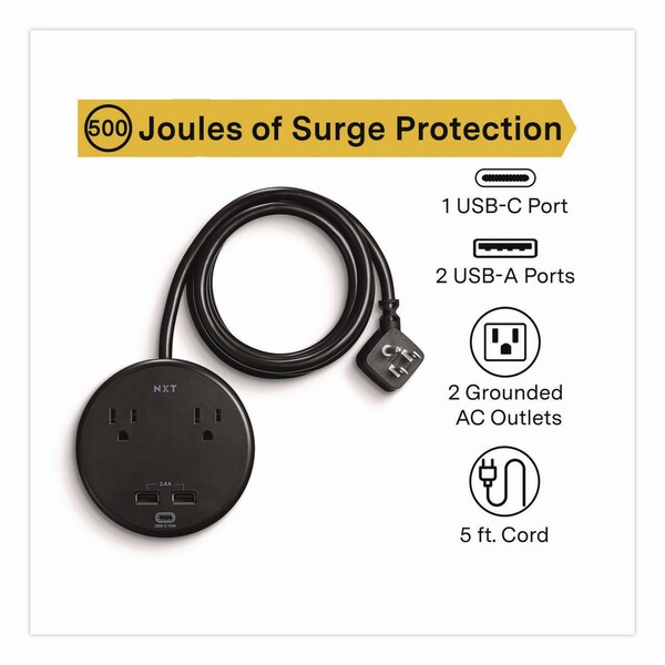 Protector de sobretensión Nxt Technologies, 2 tomas de corriente AC/3 tomas USB, cable de 5 pies, 500 J, negro - NX61428