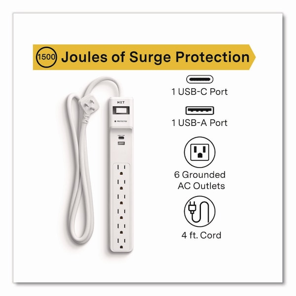Protector de sobretensión Nxt Technologies, 6 tomas de corriente AC/2 tomas de corriente USB, cable de 4 pies, 1,500 J, blanco - NX61426