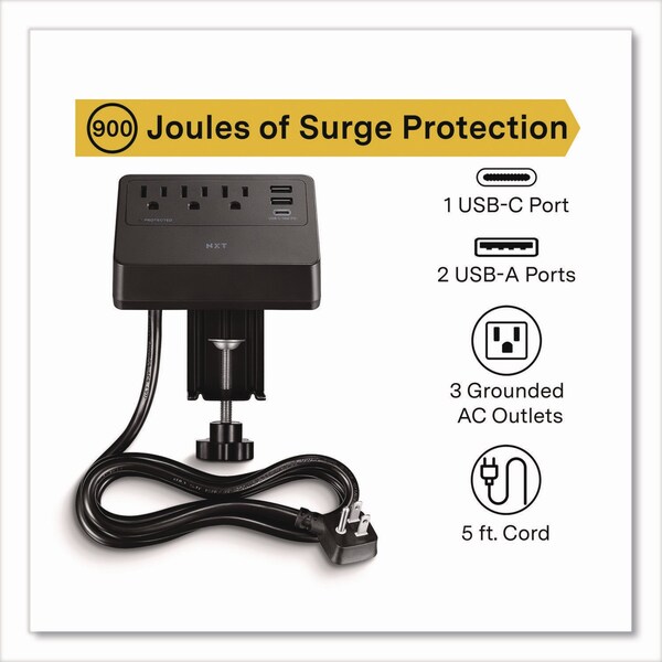 Protector de sobretensión NXT Technologies, 3 salidas AC/3 salidas USB, cable de 5 pies, 900 J, negro - NX61430
