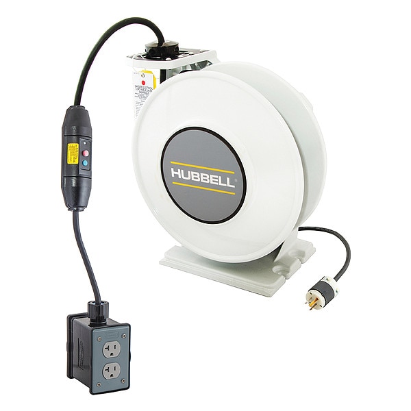 Cable Enrrollable con Lámpara de Mano, Retráctil por Resorte, NEMA 5-20R, 12 AWG, Color del Carrete Blanco, Longitud de 45 ft - HBLI45123GF220M1