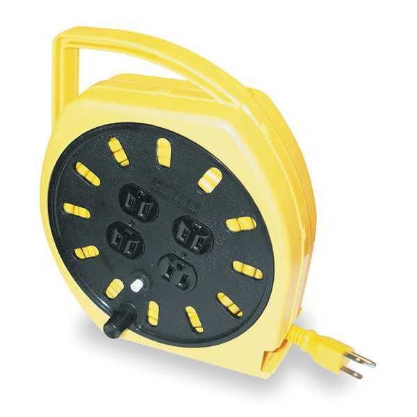 Carrete de Cable con lámpara de mano Lumapro, operado a mano, NEMA 5-15P, 16 AWG, color del carrete amarillo, longitud de 25 pies