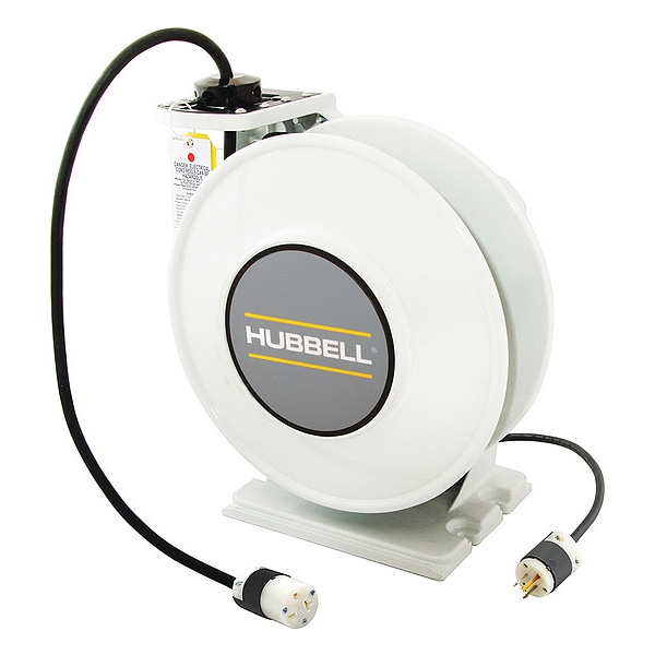Carrete de cable con lámpara de mano, retráctil con resorte, NEMA 5-20R, 12 AWG, color de carrete blanco, 45 pies de longitud - HBLI45123C20