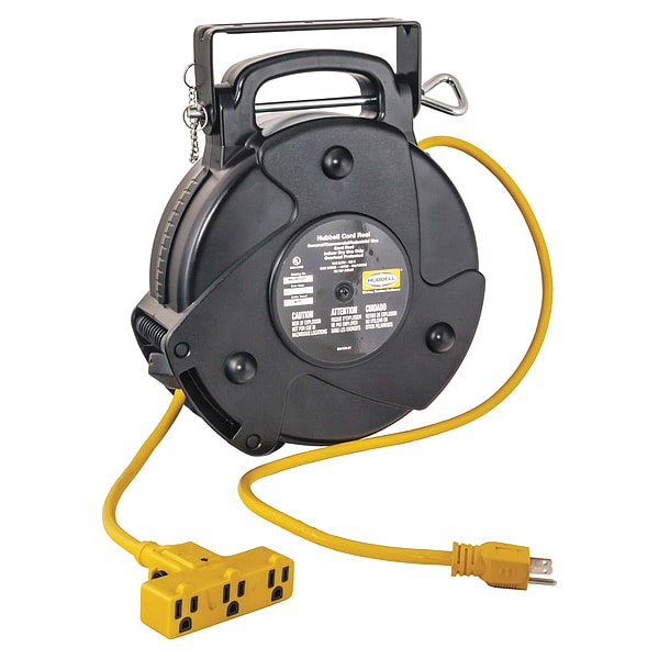 Carrete de Cable Hubbell Wiring Device-Kellems, Retráctil por Resorte, NEMA 5-15R, 12 AWG, Color de Carrete Negro, Longitud de 40 pies, 3 Salidas - HBLC40123TT