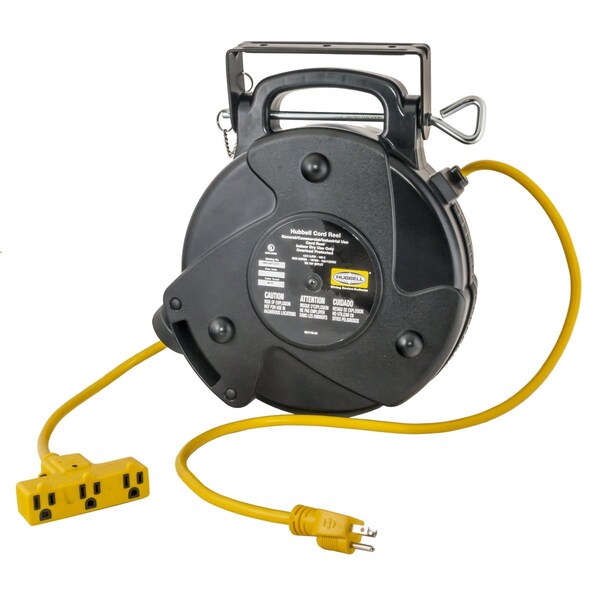 Carrete de Cable Hubbell Wiring Device-Kellems, Retráctil por Resorte, NEMA 5-15R, 12 AWG, Color de Carrete Negro, Longitud de 40 pies, 3 Salidas - HBLC40123TT
