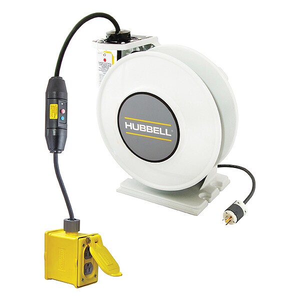 Carrete de Cable con Lámpara de Mano Hubbell Wiring Device-Kellems, Retráctil por Resorte, NEMA 5-20R, 12 AWG, Color Blanco, Longitud de 45 pies