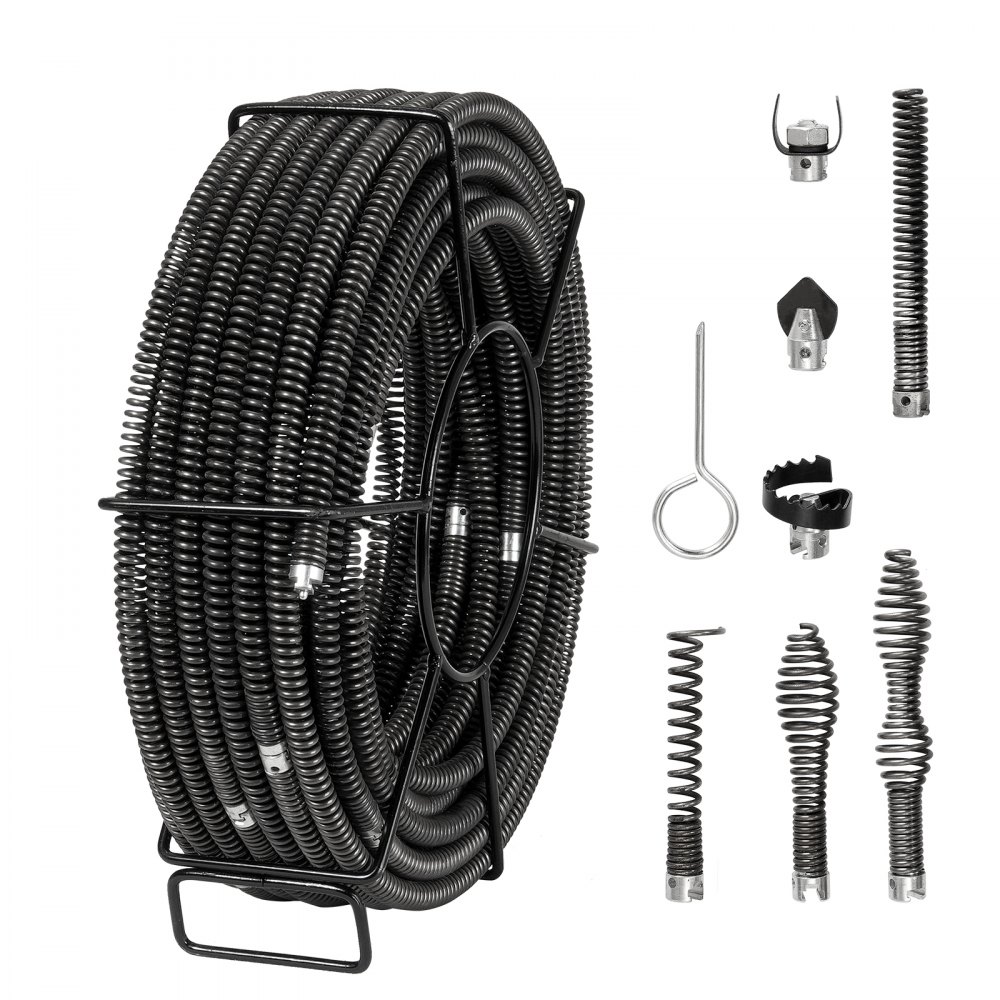 VEVOR Drain Cleaning Cable 100 FT x 5/8 Inch, Professional Sectional Drain Cleaner Cable with 7 Cutters for 0.8" to 3.9" Pipes, Hollow Core Sewer Drain Auger Cable for Sink, Floor Drain, Toilet - FDSDL58IN100OPWKNV0
