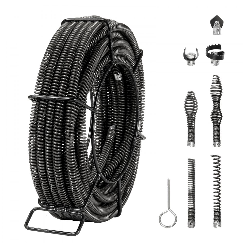 VEVOR Drain Cleaning Cable 66 FT x 5/8 Inch, Professional Sectional Drain Cleaner Cable with 7 Cutters for 0.8" to 3.9" Pipes, Hollow Core Sewer Drain Auger Cable for Sink, Floor Drain, Toilet - FDSDL58IN66YN2IJNV0