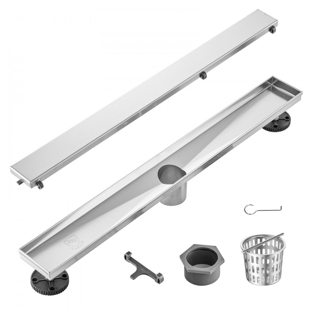 VEVOR 24Inch Linear Shower Drain Offset with Tile Insert Cover,Brushed 304 Stainless Steel Rectangle Shower Floor Drain,Linear Drain with Leveling Feet,Hair Strainer Silver - XXPSGBXGYSCZYZV0UV0