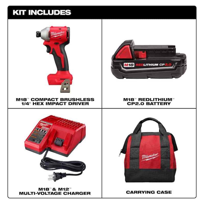 Juego de Herramientas Inalámbricas Milwaukee M18 18-Volt Lithium-Ion Compact Brushless 1/4 in. Impact Driver con Una Batería de 2.0 Ah, Cargador y Bolsa de Herramientas - 3650-21P