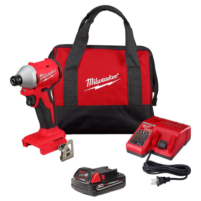 Juego de Herramientas Inalámbricas Milwaukee M18 18-Volt Lithium-Ion Compact Brushless 1/4 in. Impact Driver con Una Batería de 2.0 Ah, Cargador y Bolsa de Herramientas - 3650-21P