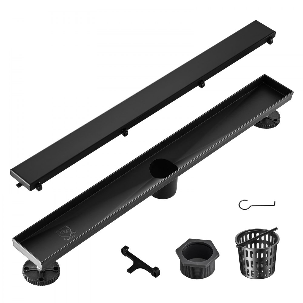 VEVOR 24-Inch Linear Shower Drain Offset with Tile Insert Cover,Brushed 304 Stainless Steel Rectangle Shower Floor Drain, Sleek Linear Drain with Hair Strainer, Black - XXPSGBXGHSCZFF3Y1V0