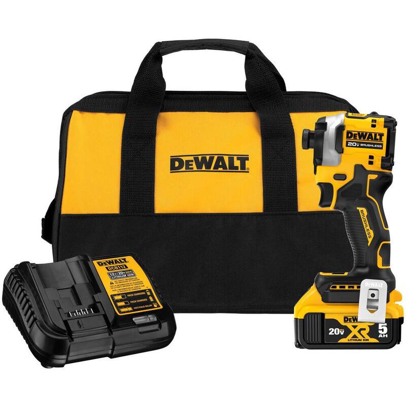 Juego de Destornillador de Impacto Inalámbrico 1/4 de 20V MAX de Iones de Litio DEWALT ATOMIC, sin escobillas, con batería de 5 Ah, cargador y estuche - DCF850P1