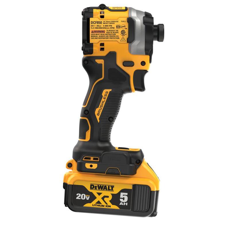 Juego de Destornillador de Impacto Inalámbrico 1/4 de 20V MAX de Iones de Litio DEWALT ATOMIC, sin escobillas, con batería de 5 Ah, cargador y estuche - DCF850P1
