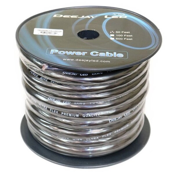 Cable de alimentación de uso general Deejay Led calibre 0 de 50 pies en negro de aluminio cobre CCA - TBH050BLKALUMCOP