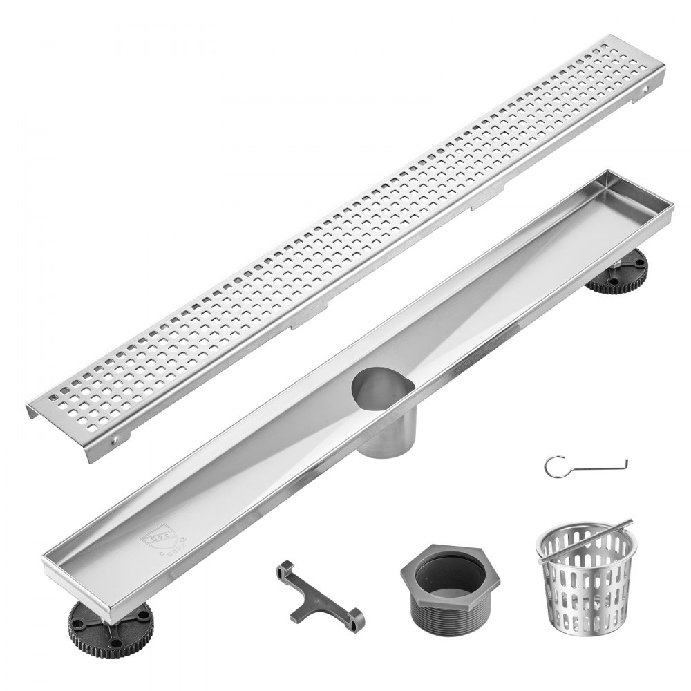 VEVOR 24Inch Linear Shower Drain with Square Pattern Grate,Brushed 304 Stainless Steel Rectangle Shower Floor Drain,Linear Drain with Leveling Feet,Hair Strainer Silver - XXPSGBXGYSCKZD1TIV0