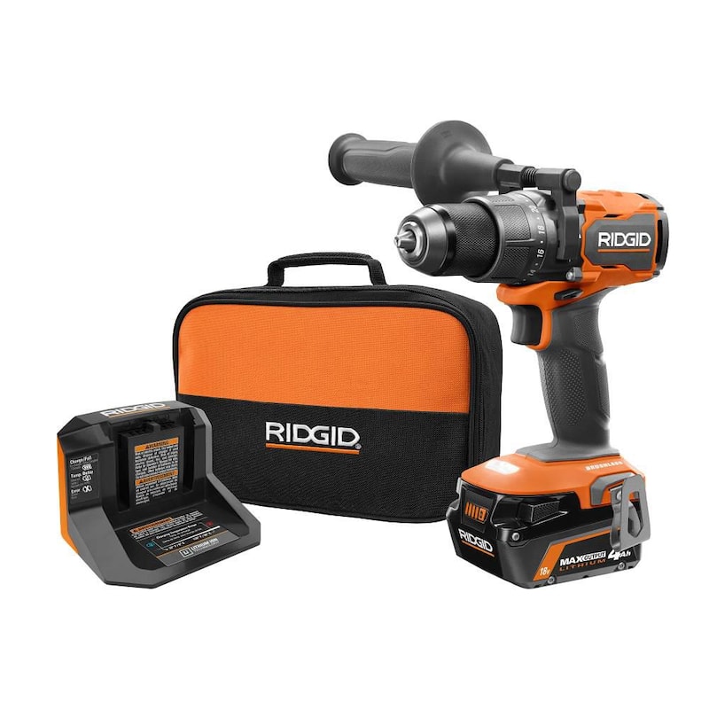 Kit de Taladro/Atornillador Martillo sin Escobillas Inalámbrico RIDGID 18V de 1/2 pulg. con Batería de Salida Máxima de 4.0 Ah, Cargador de 18V y Bolsa de Herramientas - R86115K