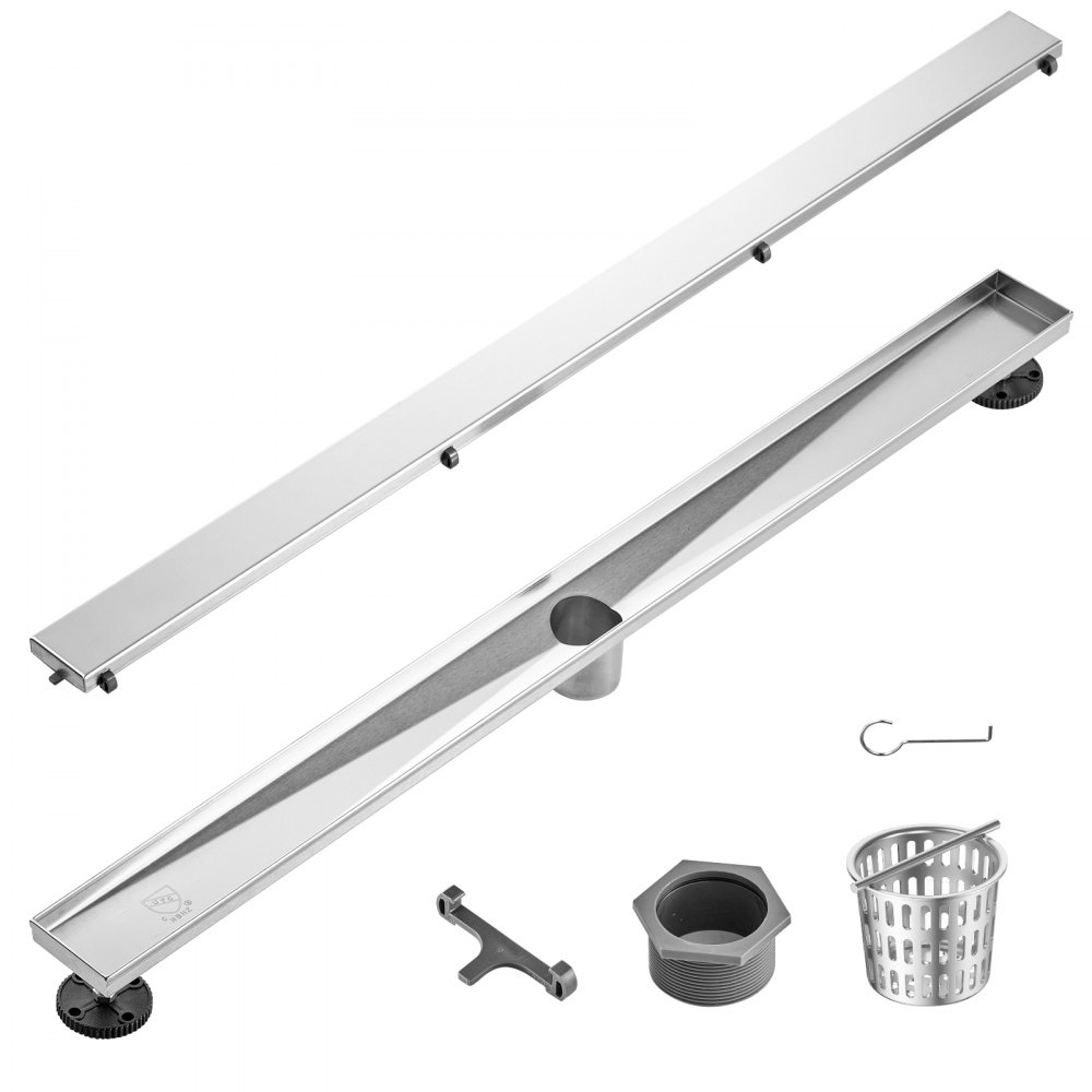 VEVOR 36Inch Linear Shower Drain Offset with Tile Insert Cover,Brushed 304 Stainless Steel Rectangle Shower Floor Drain,Linear Drain with Leveling Feet,Hair Strainer Silver - XXPSGBXGYSCZDJTH1V0