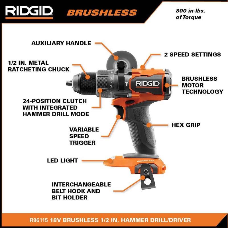 Kit de Taladro/Atornillador Martillo sin Escobillas Inalámbrico RIDGID 18V de 1/2 pulg. con Batería de Salida Máxima de 4.0 Ah, Cargador de 18V y Bolsa de Herramientas - R86115K