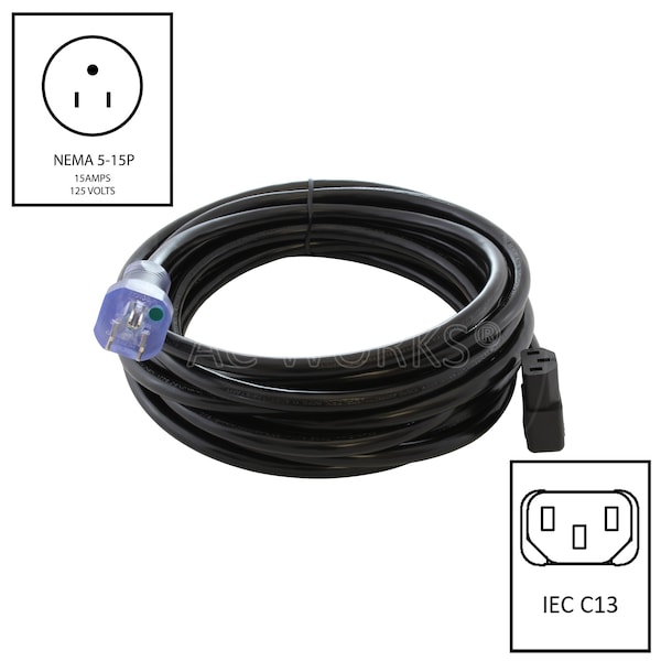 Cable de corriente médica de grado 20FT 14/3 15A con conector IEC C13 en ángulo recto - MD15ARC13-240BK