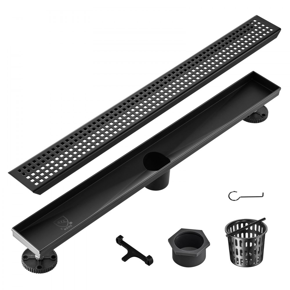VEVOR 24-Inch Linear Shower Drain with Square Pattern Grate,Brushed 304 Stainless Steel Rectangle Shower Floor Drain, Sleek Linear Drain with Hair Strainer, Matte Black - XXPSGBXGHSCKFXQT9V0
