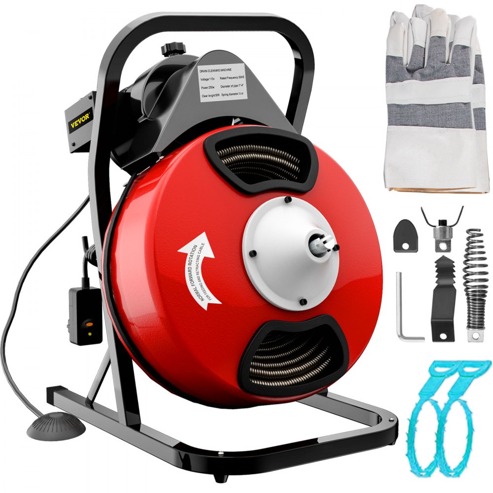 VEVOR 50FTx1/2Inch Drain Cleaner Machine Electric Drain Auger with 4 Cutter & Foot Switch Drain Cleaner Machine Sewer Snake Drill Drain Auger Cleaner for 2" to 4" Pipes - HX-68284STJ000001V1