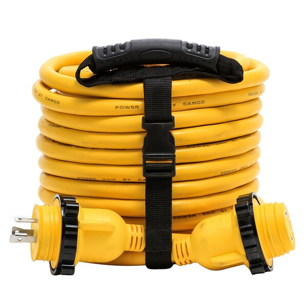 Cable de extensión marina Camco Power Grip de 30 amperios, 50 pies, con adaptador M-Locking/F-Locking - 55613