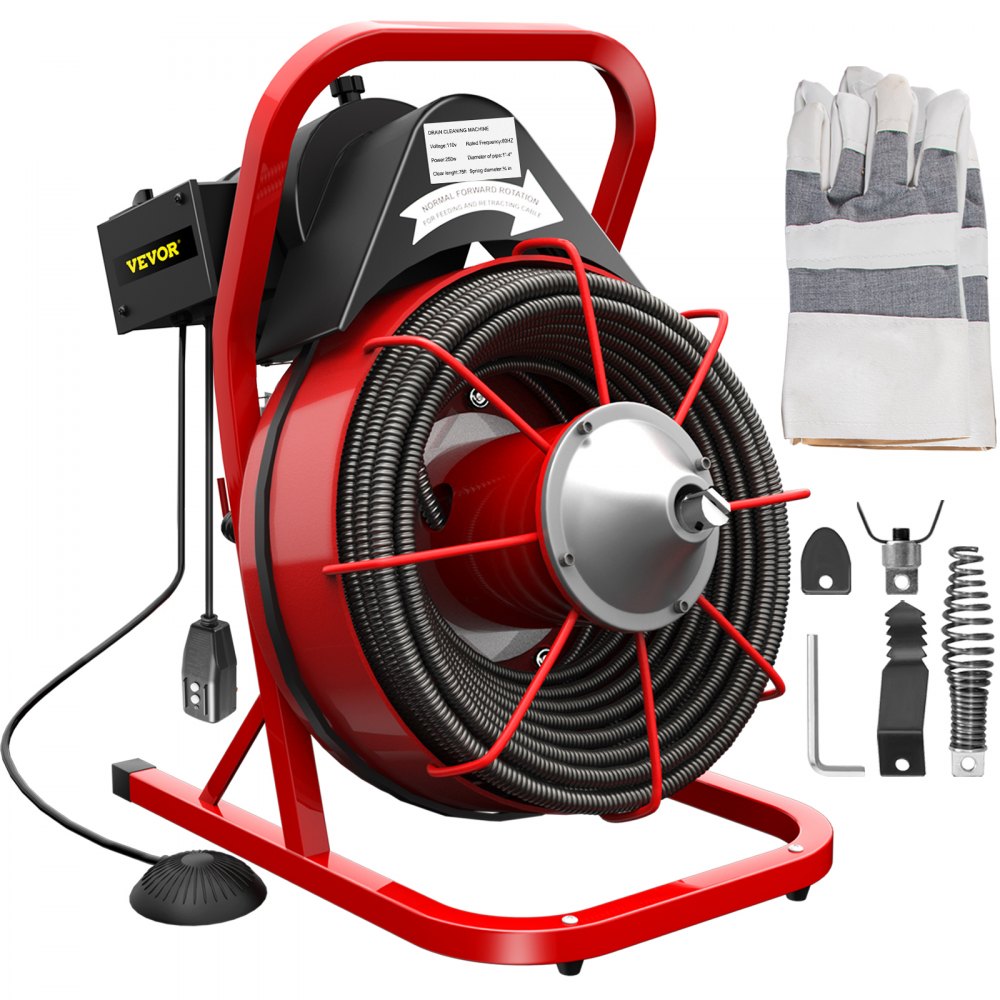 VEVOR 75FT x 3/8 Inch Drain Cleaning Machine, 250W Electric Drain Auger, Portable Sewer Snake Auger Cleaner with Cutters & Air-Activated Foot Switch for 1" to 4" Pipes, Black, Red - GDSTJ75FTX3-8YC01V1