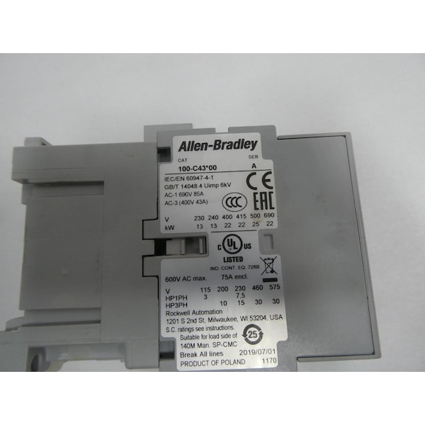 Contactor de CA Allen Bradley 120V-AC 85A AMP 30KW - 100-C43*00