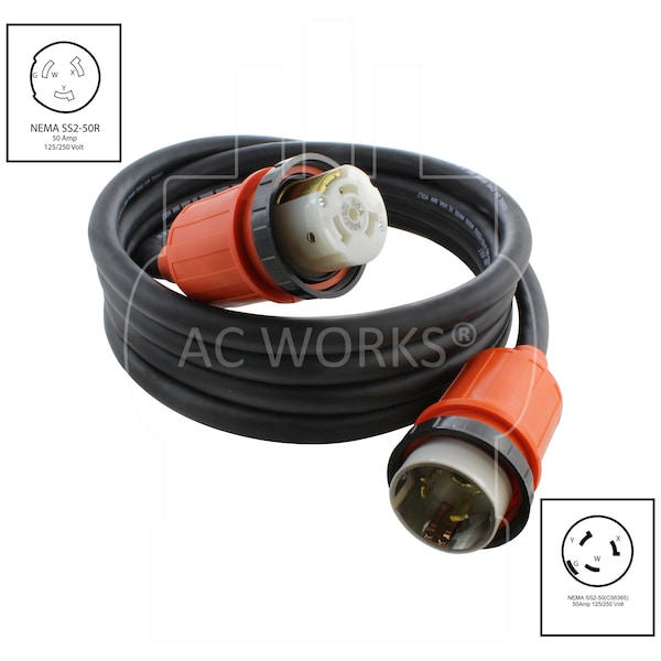 Cable de alimentación de goma para barco marino Ac Works 100ft 6/4 SOOW NEMA SS2-50 50A 125/250V - MSS2PR-100