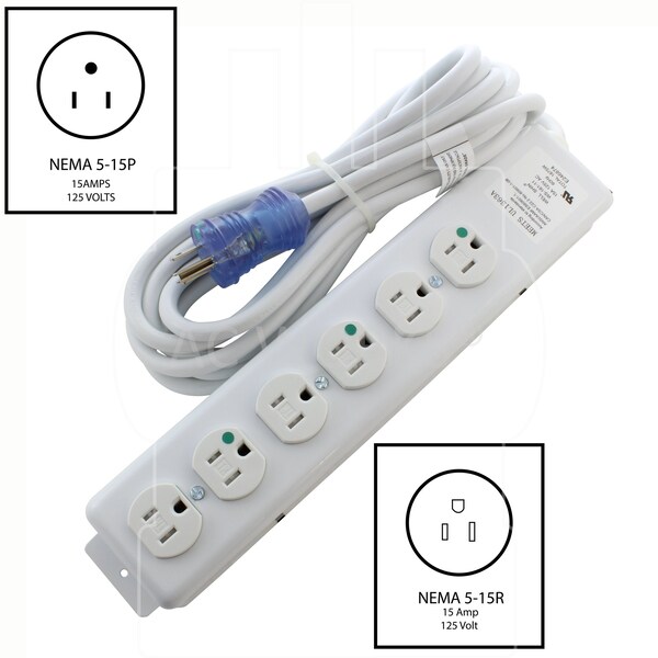 Regleta de corriente de grado médico/hospitalario de 15 ft 15A 14/3 con 6 salidas - MD204-15