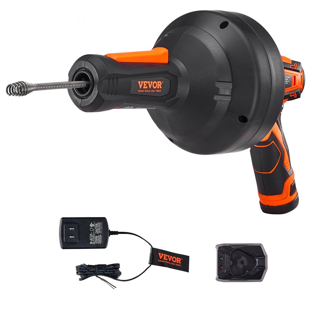 VEVOR 12V Electric Drain Auger, 25FT Cordless Plumbing Snake Auto Feed, Pipeline Snake Drain Clog Remover with Power Drill for 3/4"-2" Pipes, 2.0Ah Battery and Charger Included - D25FT14IN20AHOGLOV1