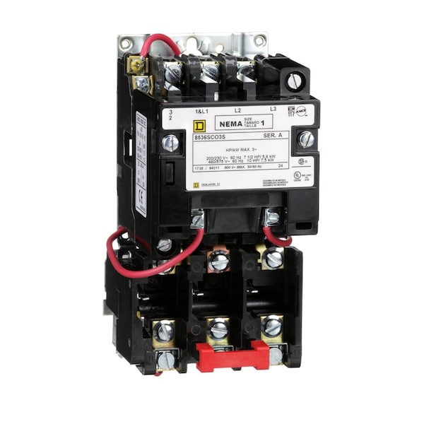 Arrancador de motor Square D NEMA, Tipo S, no reversible, Tamaño 1, 27A, 10 HP a 460 VAC, 5 kA SCCR, 3 fases, 3 polos, aleación de fusión, bobina de 208 VAC, abierto - 8536SCO3V08S