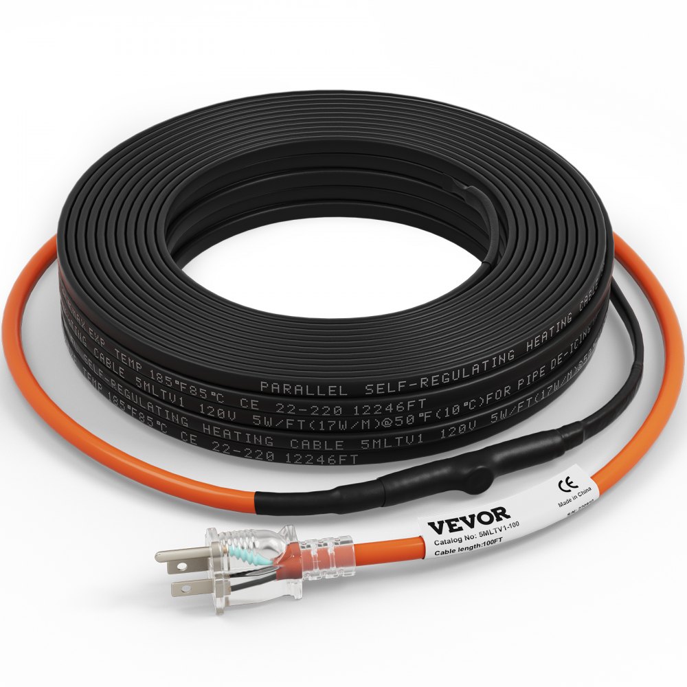 VEVOR Self-Regulating Pipe Heating Cable, 100-feet 5W/ft Heat Tape for Pipes Freeze Protection, Protects PVC Hose, Metal and Plastic Pipe from Freezing, 120V - ZDWGDJRDLDGWQRCF7V1