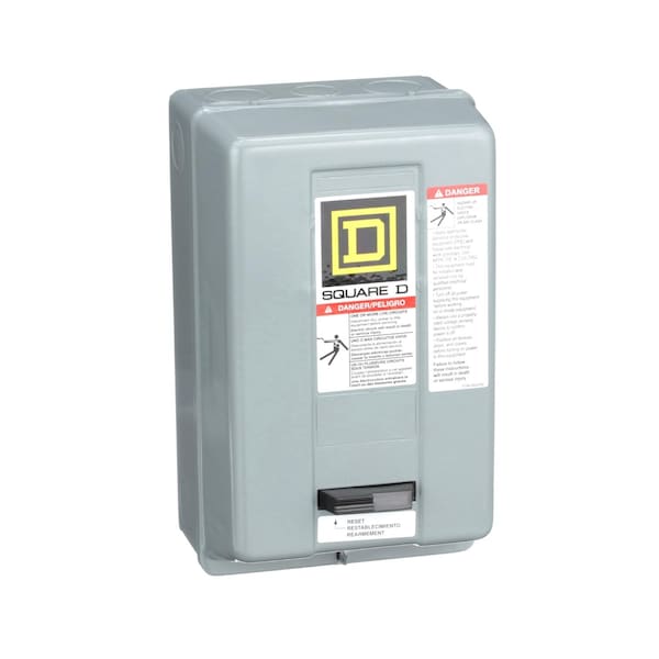 Arrancador de motor NEMA Square D, Tipo S, no reversible, Tamaño 0, 18A, 5 HP a 460 VCA, hasta 100 kA SCCR, 3 fases, 3 polos, Lógica del motor, bobina de 208 VCA, NEMA 1 - 8536SBG2V08H30S.