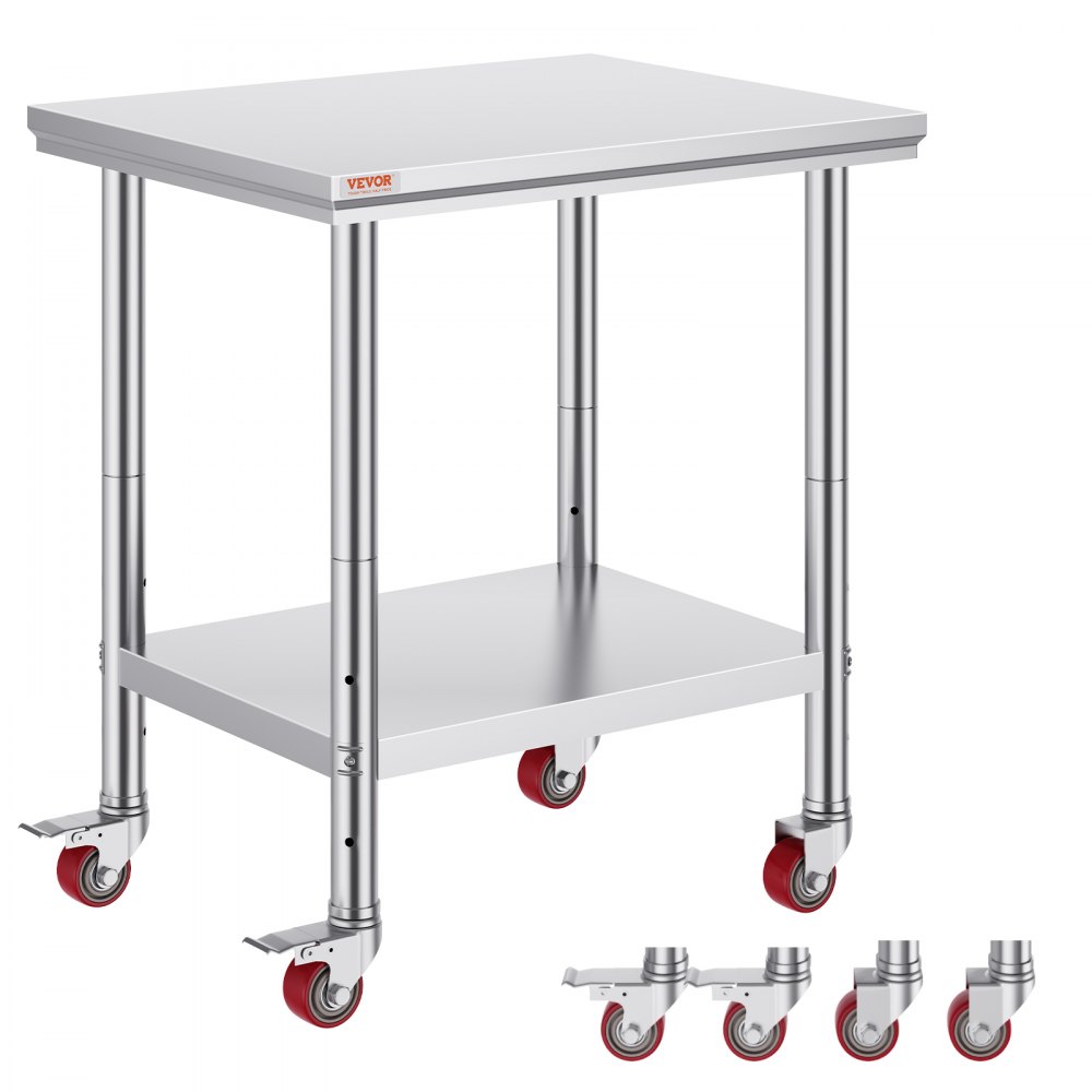 VEVOR Stainless Steel Work Table with Wheels 24 x 30 Prep Table with casters Heavy Duty Work Table for Commercial Kitchen Restaurant Business (24 x 30 x 33.8 Inch) - SYGZT30X24INDJL01V0