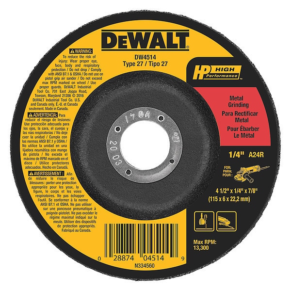 Rueda de esmerilado de centro deprimido Dewalt, Tipo 27, 4 1/2 pulgadas x 1/4 de pulgada x 7/8 de pulgada, Óxido de aluminio, 24 granos - DW4514.