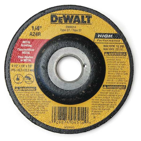 Rueda de esmerilado de centro deprimido Dewalt, Tipo 27, 4 1/2 pulgadas x 1/4 de pulgada x 7/8 de pulgada, Óxido de aluminio, 24 granos - DW4514.