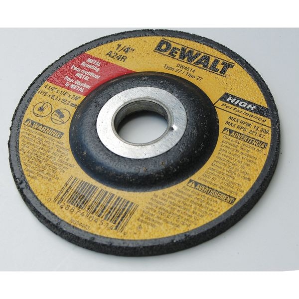Rueda de esmerilado de centro deprimido Dewalt, Tipo 27, 4 1/2 pulgadas x 1/4 de pulgada x 7/8 de pulgada, Óxido de aluminio, 24 granos - DW4514.