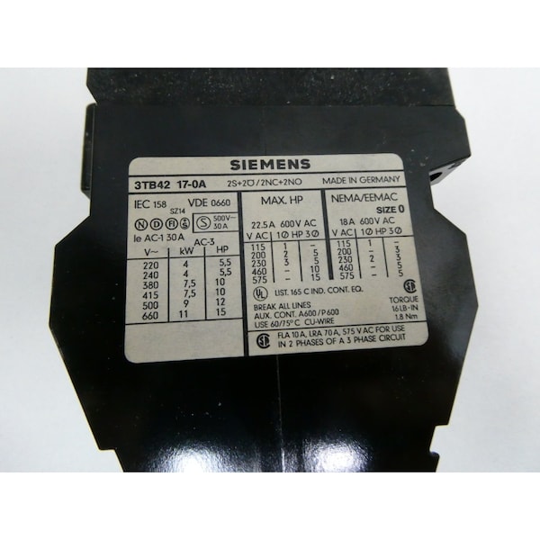 Contactor de CA SIEMENS 120V-AC 18A AMP 5HP TAMAÑO 0 - 3TB42 17-0A