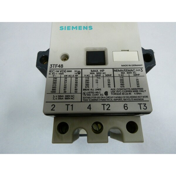 Siemens 120V-AC 100A AMP 60HP TAMAÑO 3 CONTACTOR DE CA - 3TF48