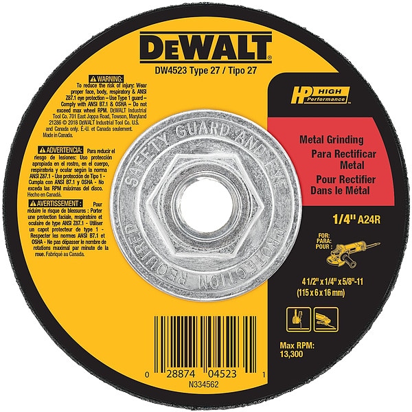 Rueda de esmerilado de metal de alto rendimiento Dewalt 4-1/2" x 1/4" x 5/8"-11 - DW4523