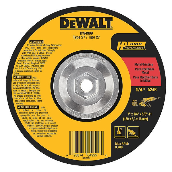 Rueda de rectificado de metal de alto rendimiento Dewalt de 7" x 1/4" x 5/8"-11 - DW4999