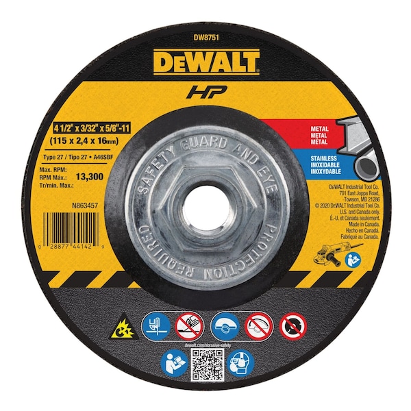 Rueda de corte para metal Dewalt de 4-1/2" x 3/32" x 5/8"-11 - DW8751