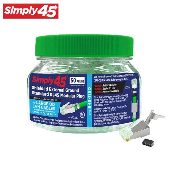 Simply45 Standard Cat6/6a STP External Ground RJ45 Modular Plugs with BarS45 Green Tint, Hi/Lo Stagger - 50pc - SIM-S45-1150
